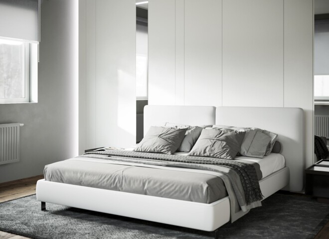 Кровать в спальне стиля минимализм